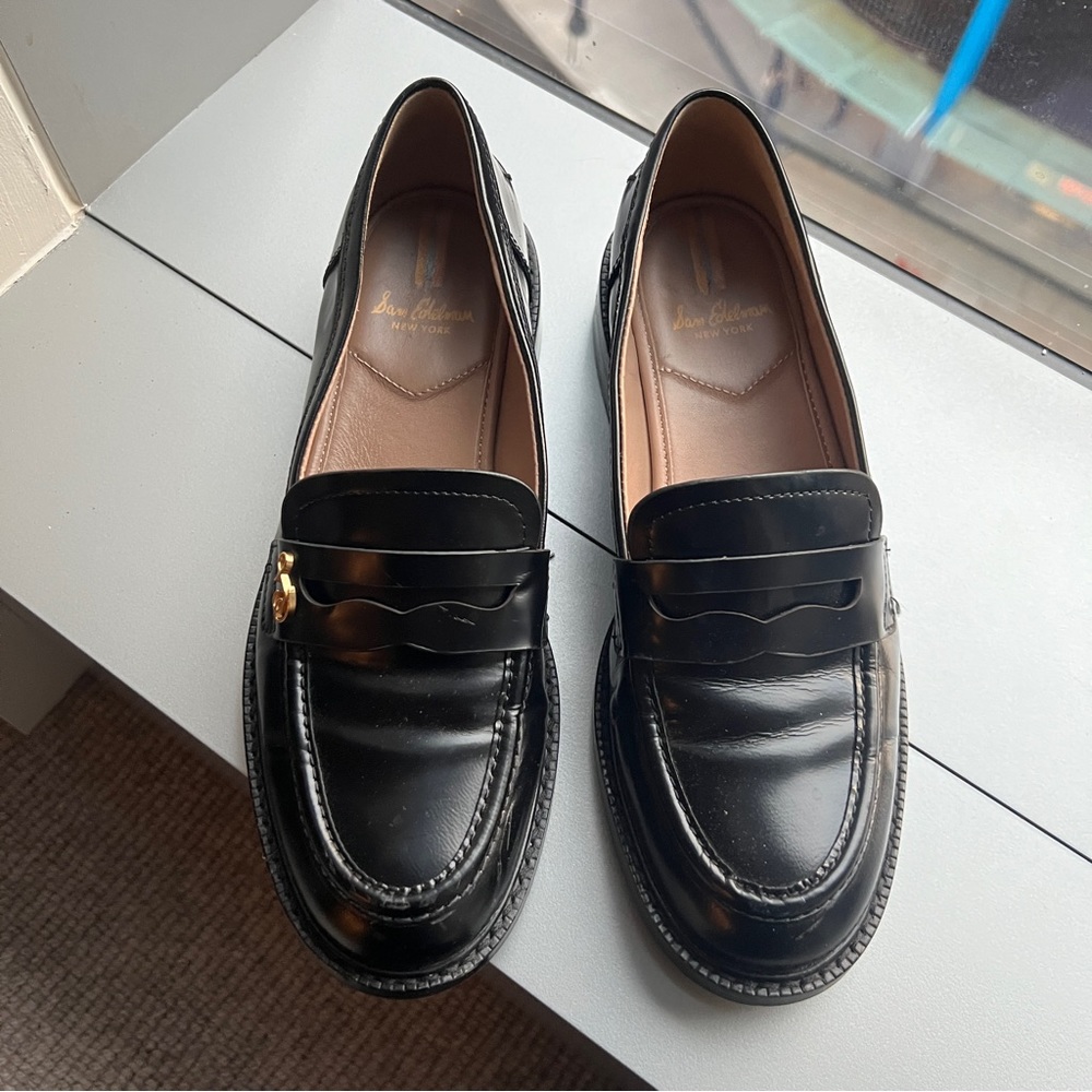 Black Leather Penny Loafers with Gold Accent - Picture 3 of 3